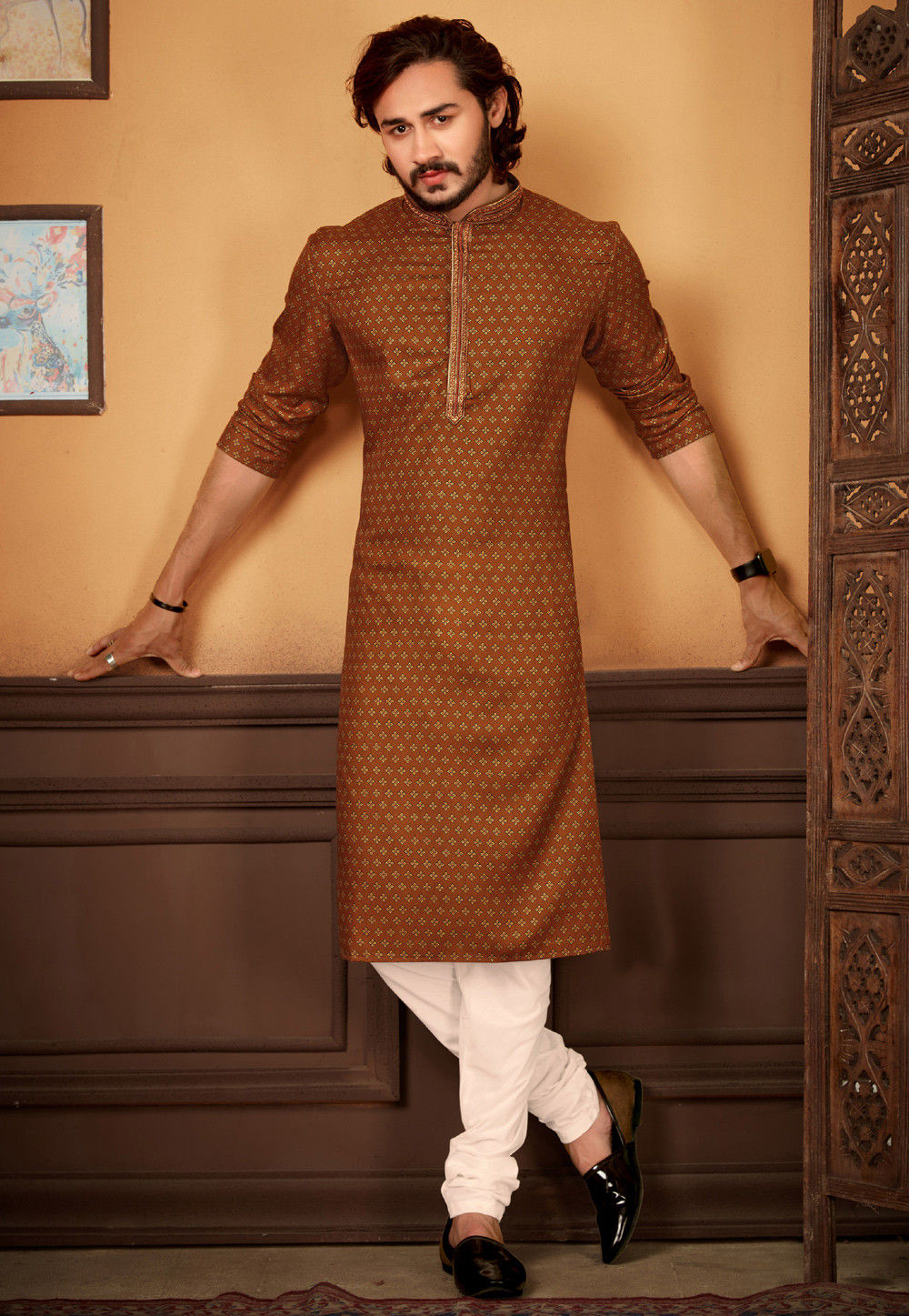 Printed Cotton Kurta Set in Brown : MMS1546