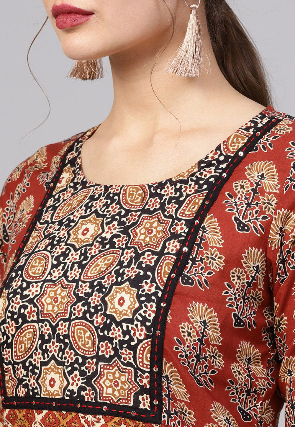 Rust Traditional Print Kurta Set