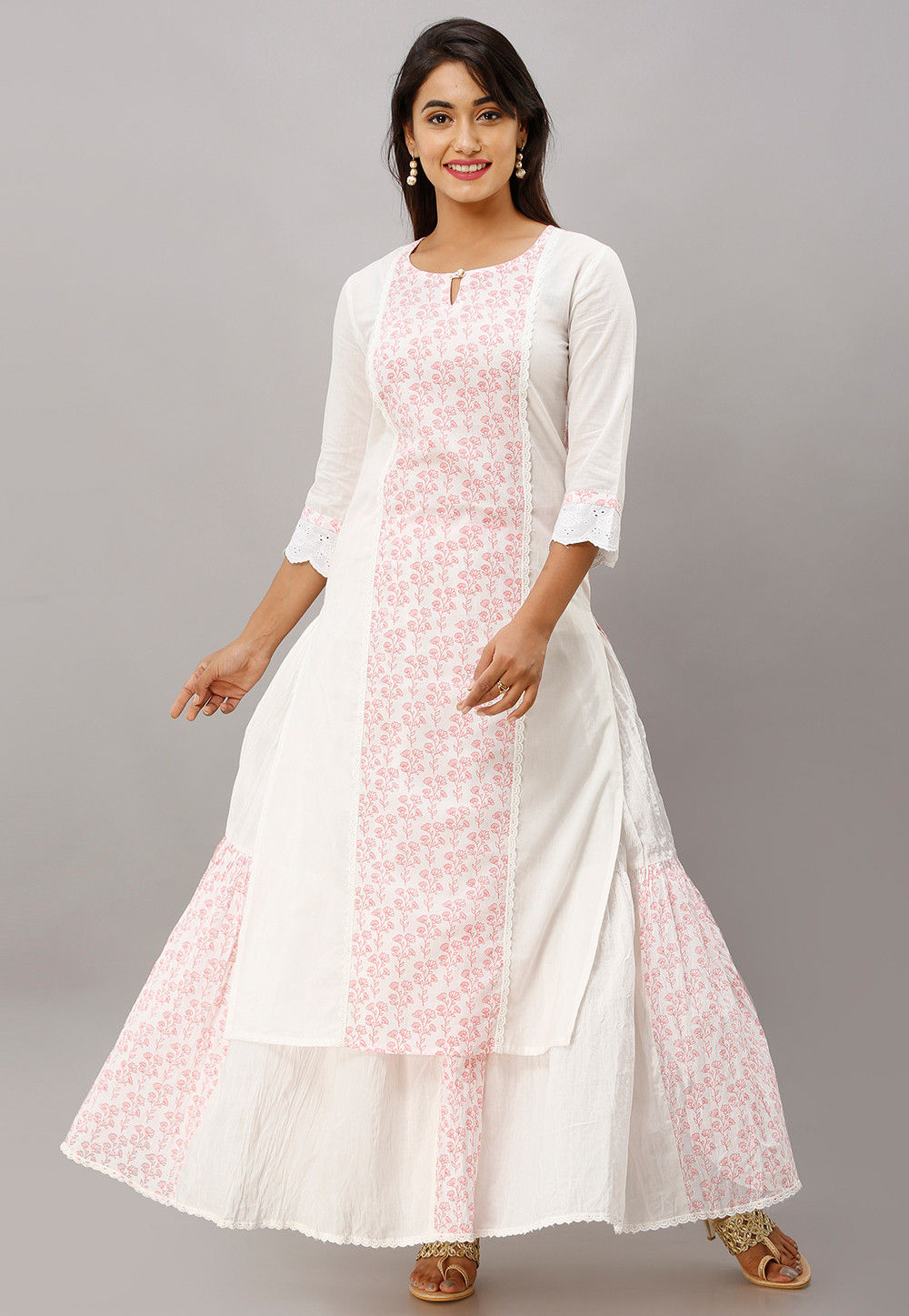 Printed Cotton Kurta with Skirt in White : TUH25