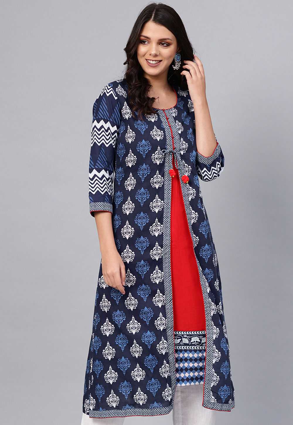 Printed Cotton Layered Kurta in Navy Blue and Red : TKV80