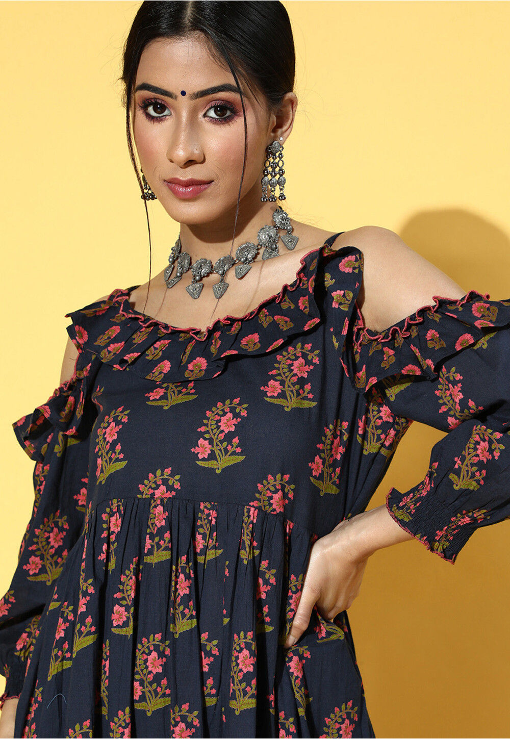 Buy Printed Cotton Maxi Dress in Navy Blue Online TXR315 Utsav Fashion