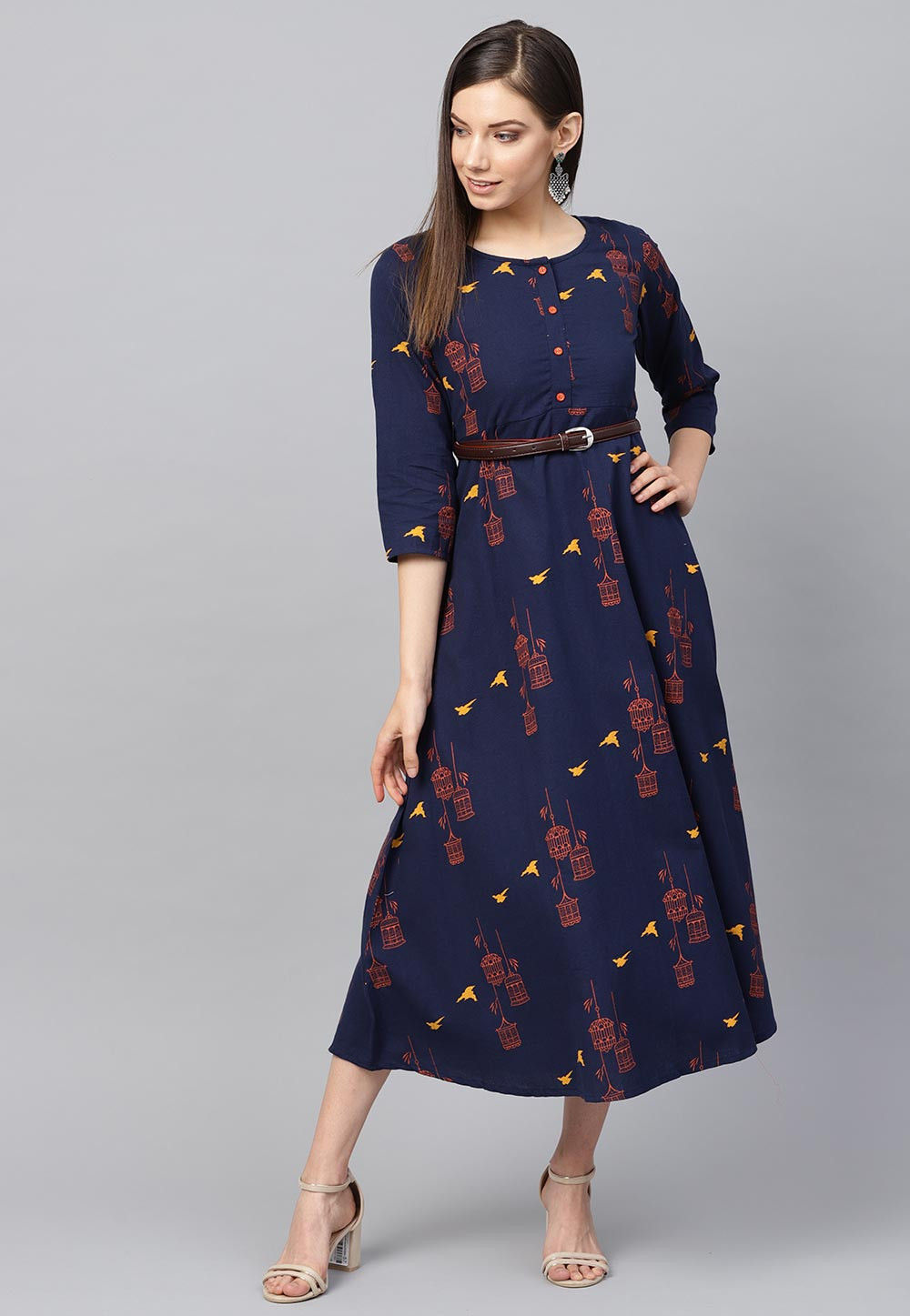 Printed Cotton Midi Dress in Navy Blue ...