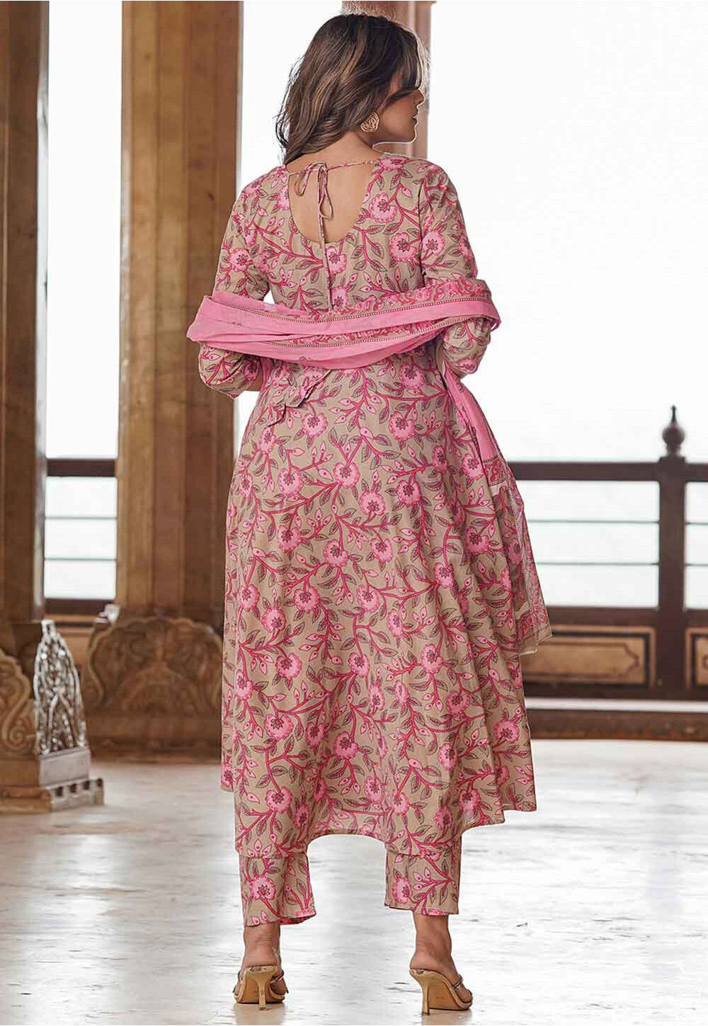 Pakistani Style Cappuccino Beige 2-Piece Women’s Suit with White Embroidery
