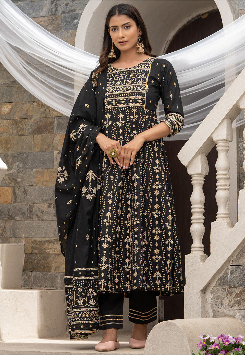 printed cotton pakistani suit in black v1 kjd2284