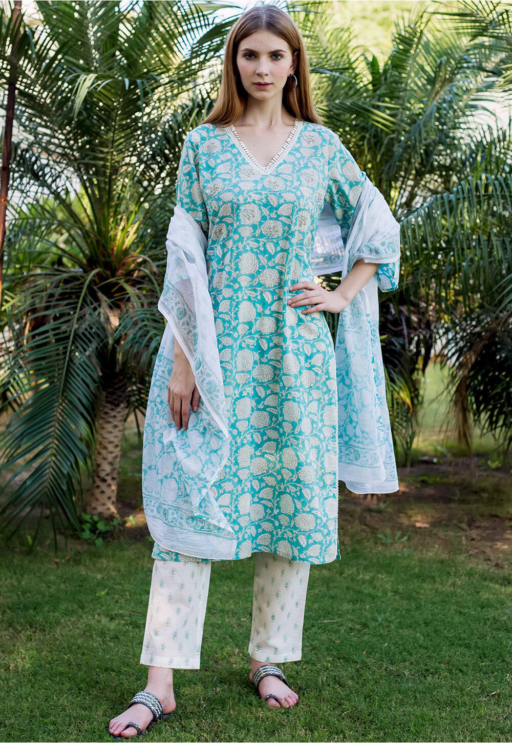 Printed Cotton Pakistani Suit in Light Blue : KMQS172