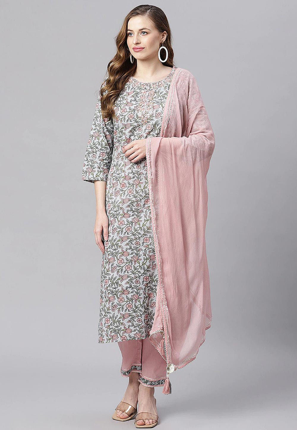 Buy Printed Cotton Pakistani Suit in Light Grey Online KJX22 Utsav Fashion