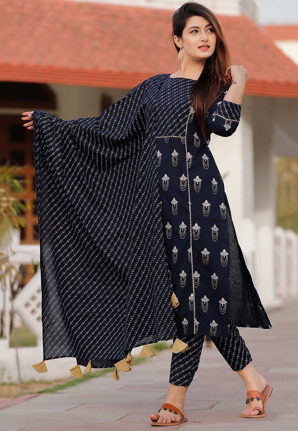 Printed Cotton Pakistani Suit in Navy Blue : KER52