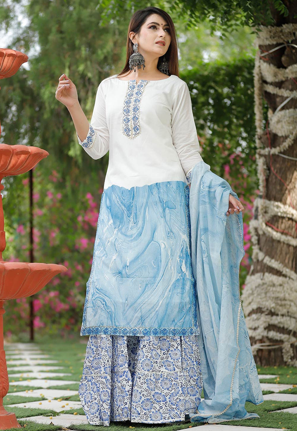 Buy Printed Cotton Pakistani Suit in Off White and Sky Blue Online KER98 Utsav Fashion