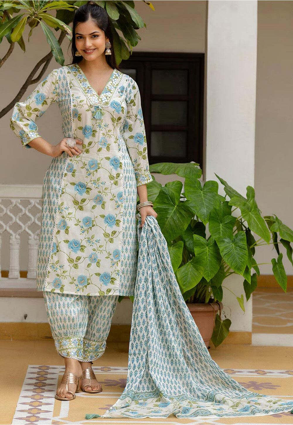 Off White Pakistani Pant Style Chinnon Salwar Suit