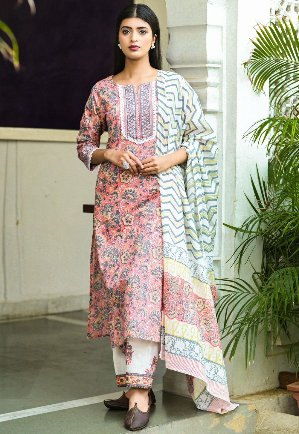 Printed Cotton Pakistani Suit in Light Beige  KMM147