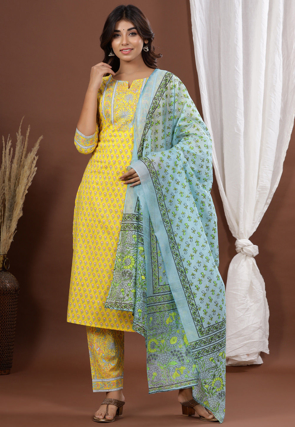 Buy Printed Cotton Pakistani Suit in Yellow Online : KJL94 - Utsav Fashion