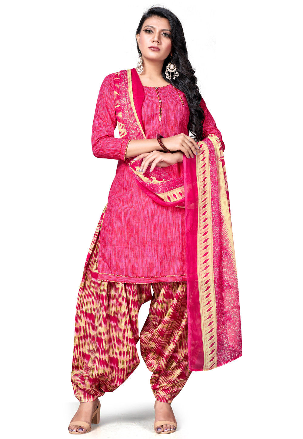 Printed Cotton Punjabi Suit in Pink : KYE1687