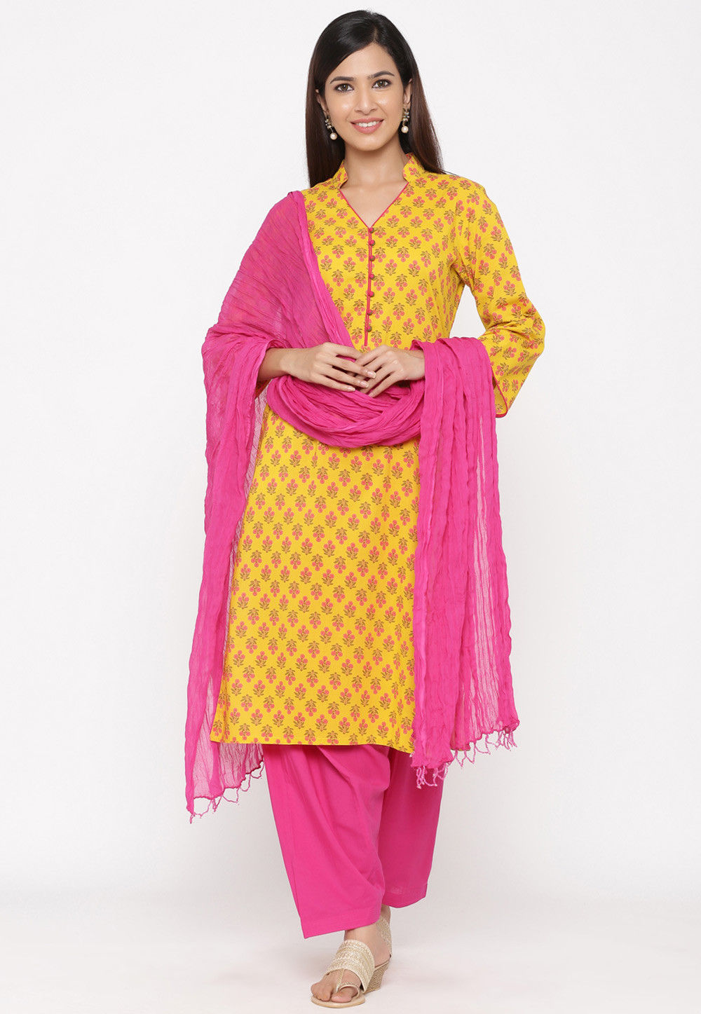 Printed Cotton Punjabi Suit in Yellow : KTN512