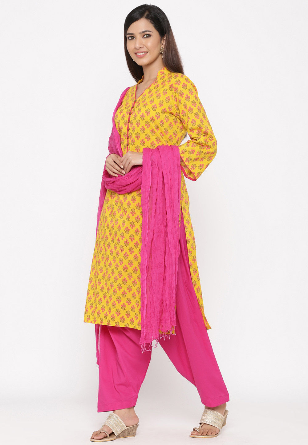 Buy Printed Cotton Punjabi Suit in Yellow Online : KTN512 - Utsav Fashion