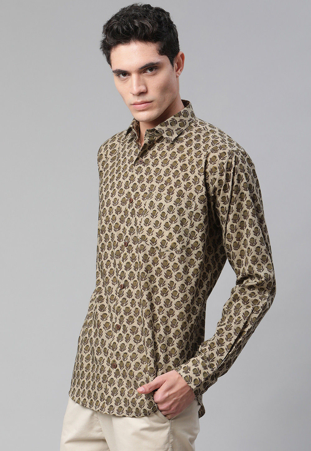 Buy Printed Cotton Shirt in Beige Online : MRE170 - Utsav Fashion