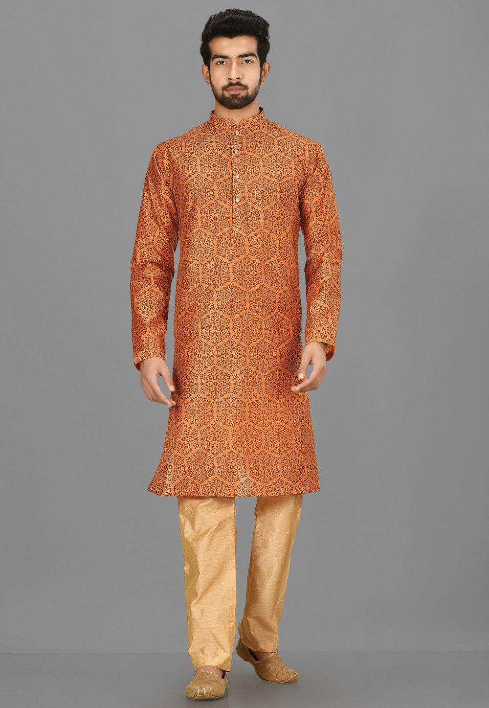 Cotton Silk Kurta Pajama In Light Orange Color