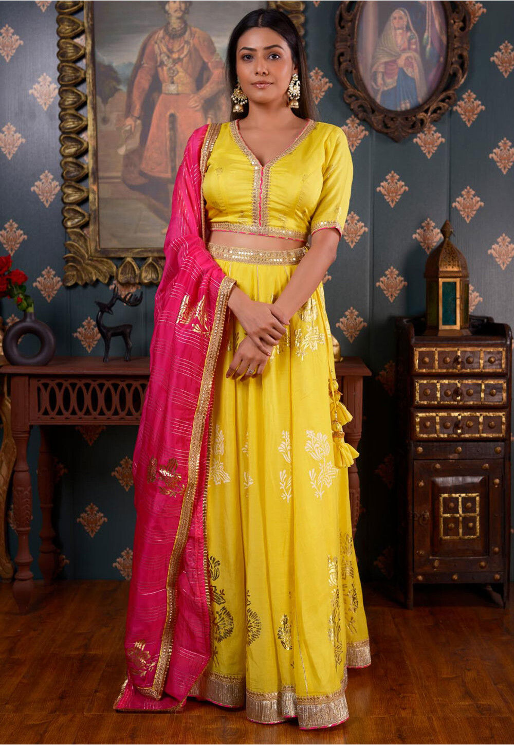 Vibrant Yellow Printed Silk Lehenga