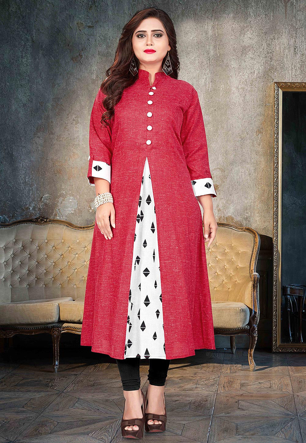 Red & Maroon 3/4 Sleeve Cotton Slub Flared Kurta main image 0
