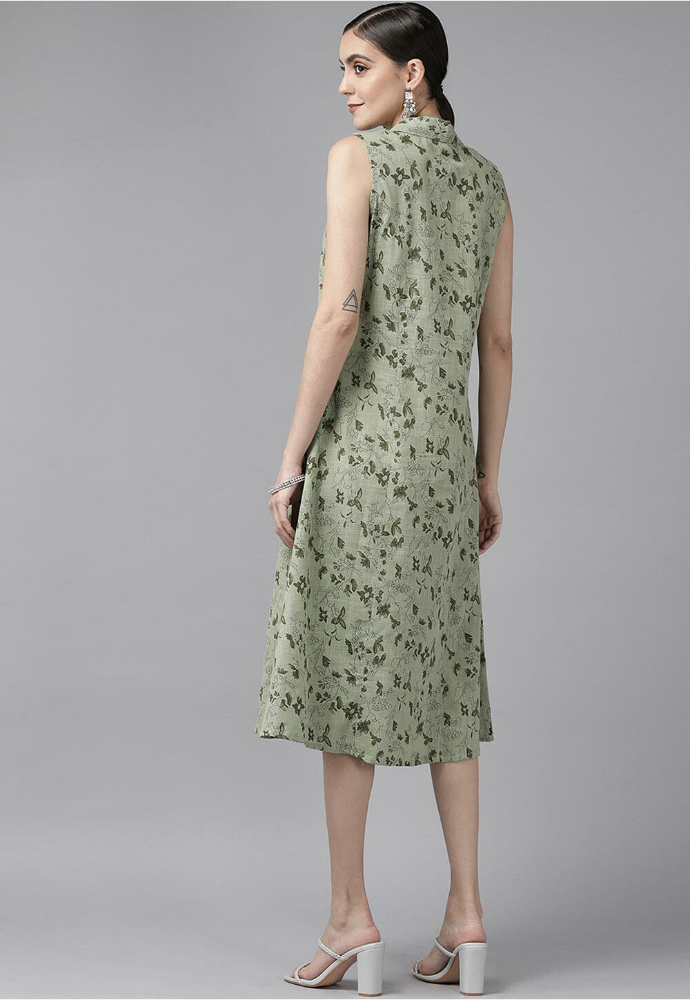 Printed Cotton Slub Midi Dress in Dusty Green : TXR360