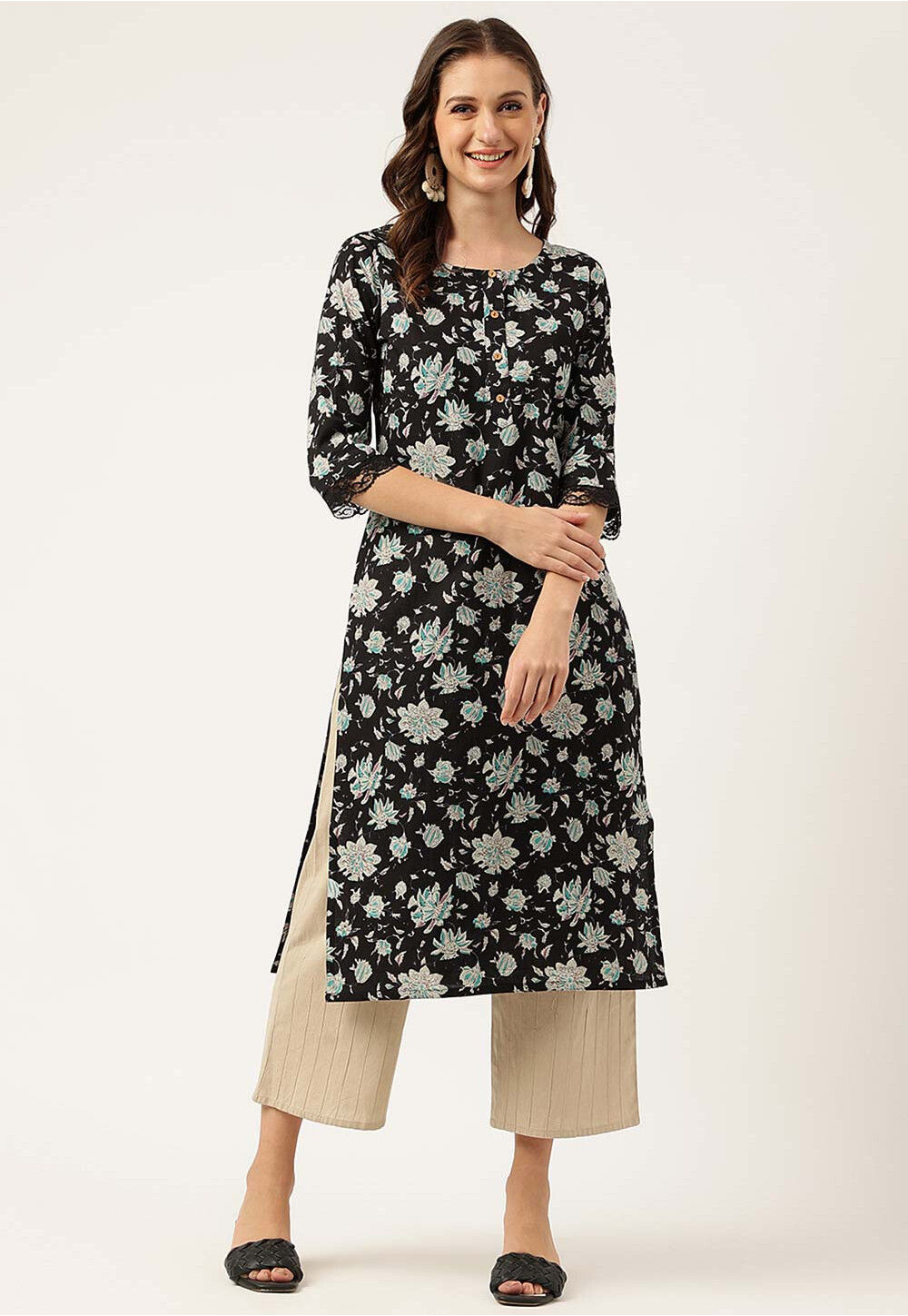 Black Floral Print Cotton Straight Kurta