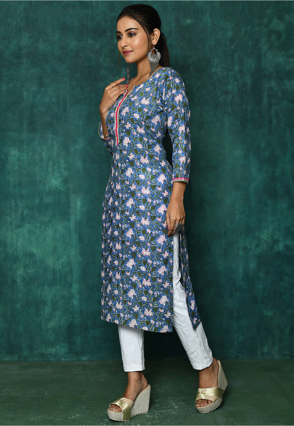 Buy Printed Cotton Straight Kurta in Blue Online TCV101 Utsav Fashion