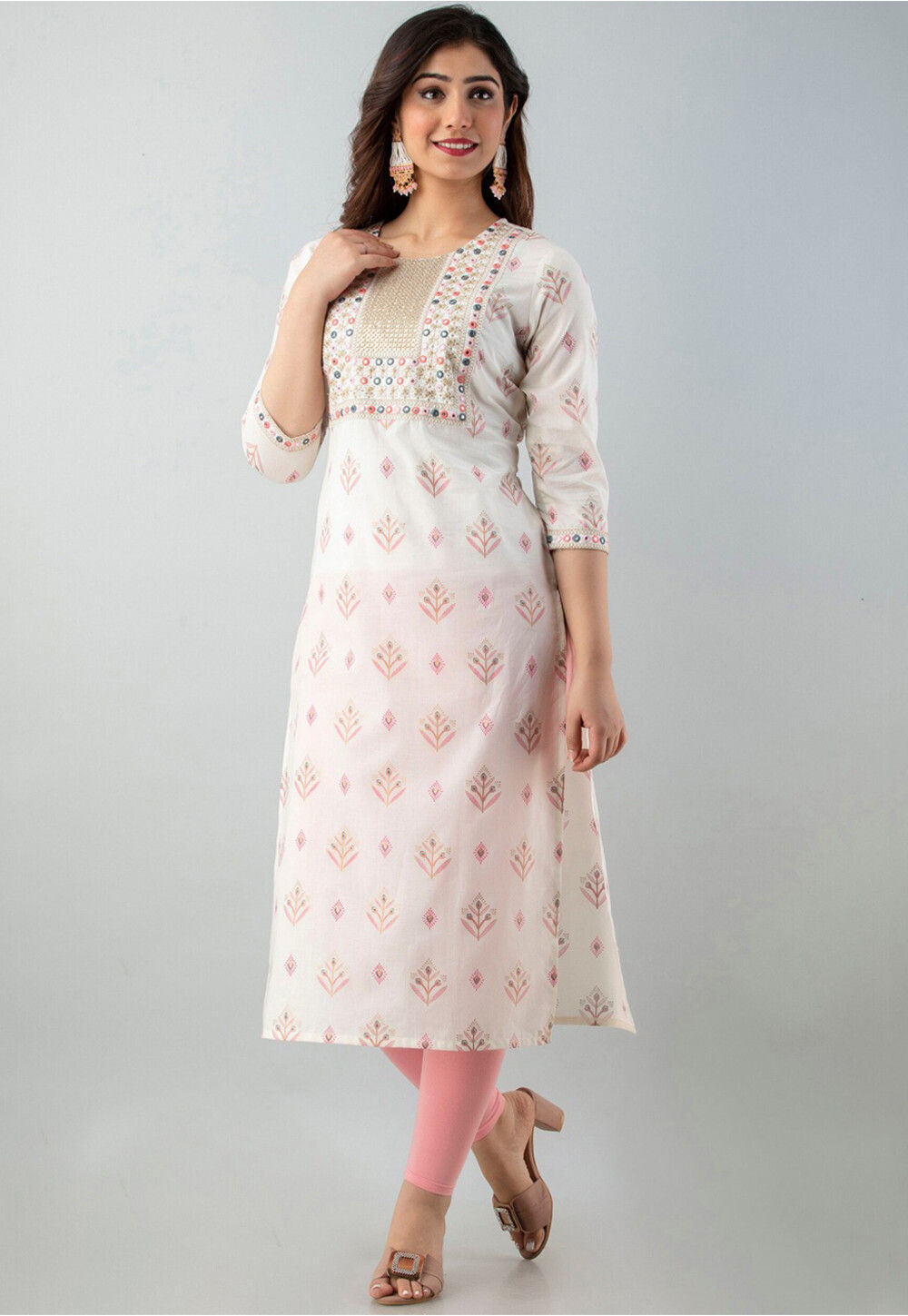 Arka Cotton Off-White Half Sleeved Straight Kurta