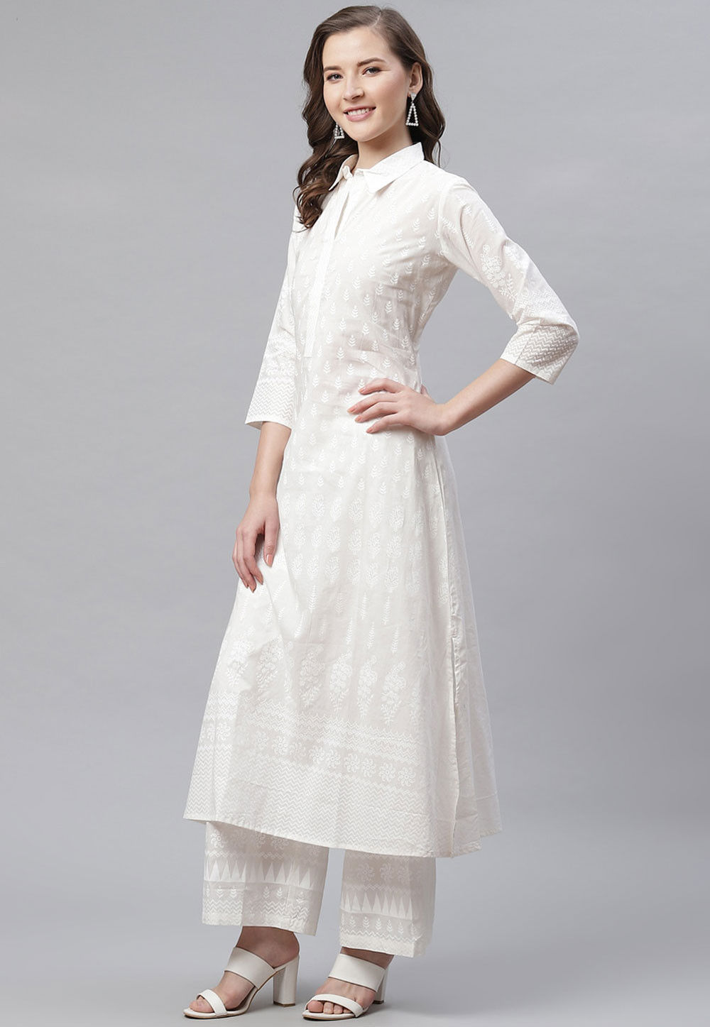 Off white Printed Cotton Straight Kurta Set