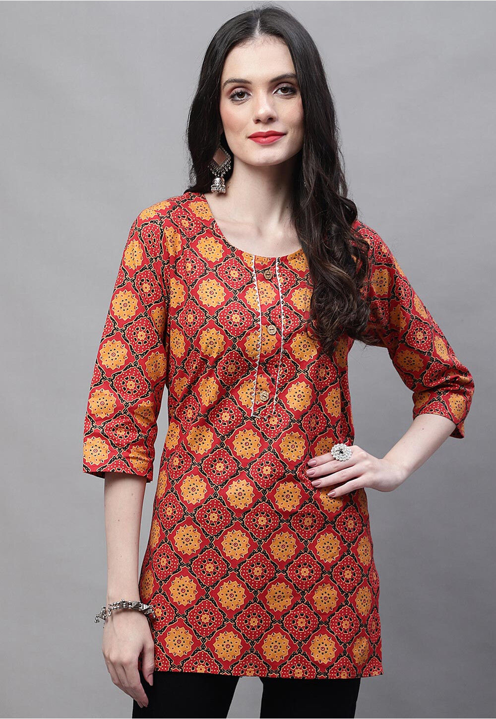 Embroidered Georgette Red Straight Kurti with Dupatta - KTI2103