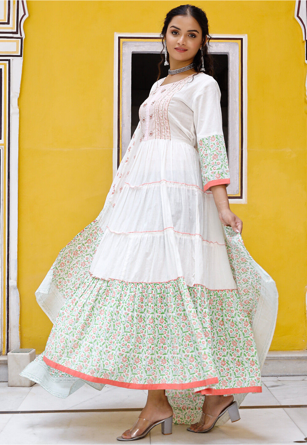 Printed Cotton Tiered Abaya Style Suit in White : KMM218