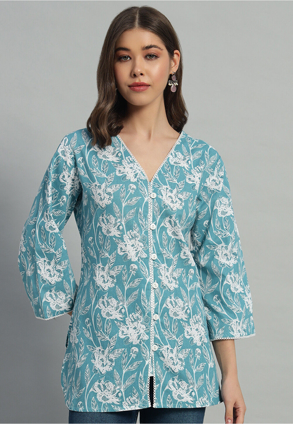 Indigo Blue & Maroon Floral Printed Pure Cotton Tunic