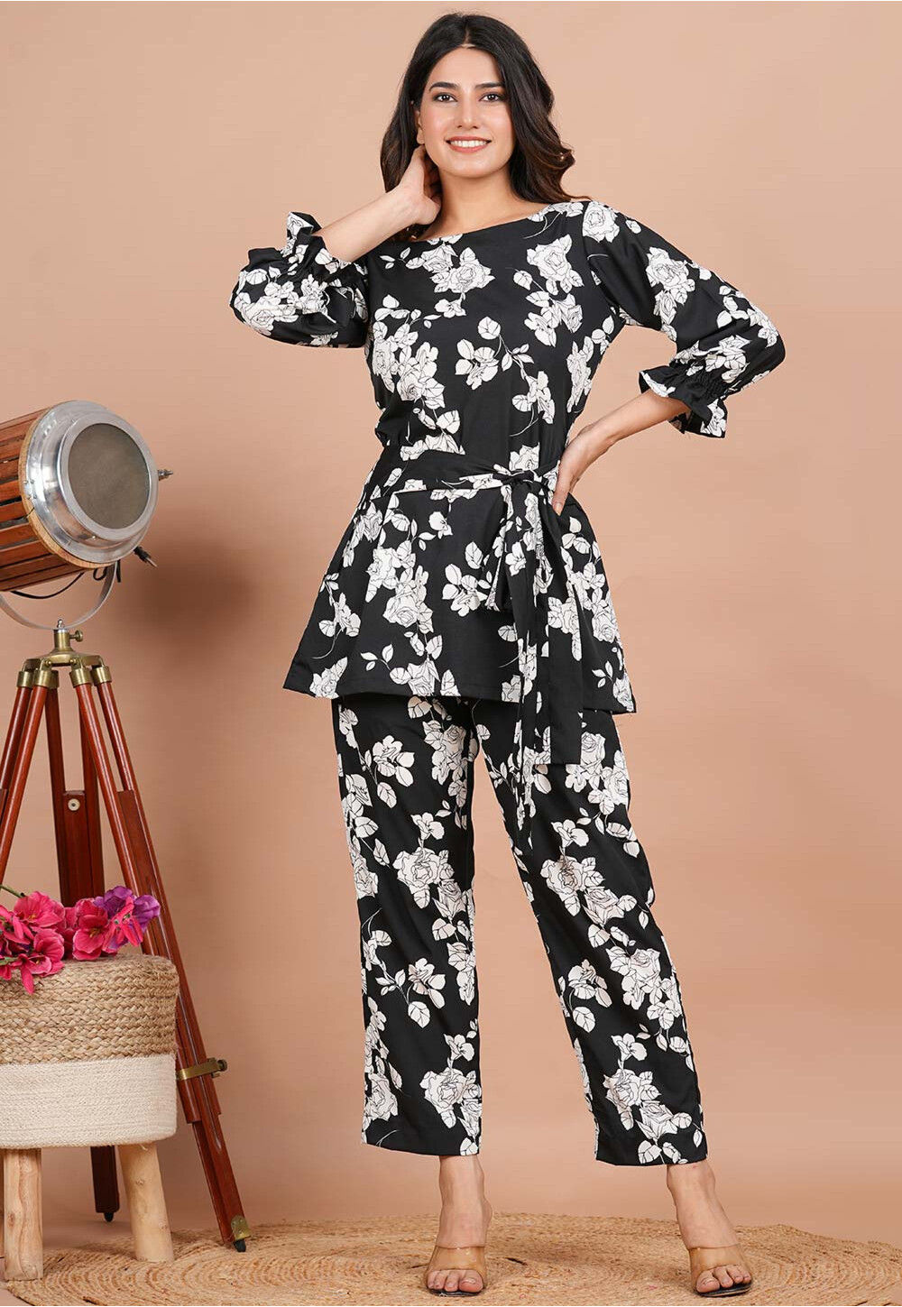 Women's Crepe Co-ord Set with Digital Print, Handwork Neck, and Straight Pants