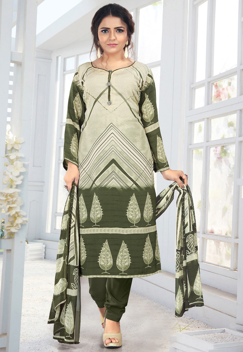 Printed Crepe Straight Suit in Light Beige and Olive Green : KCV1662