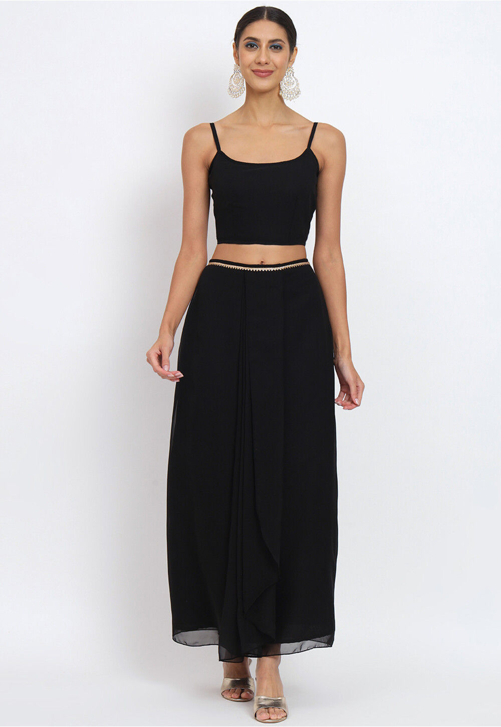 Buy Printed Georgette Crop Top Set with Jacket in Black Online ...