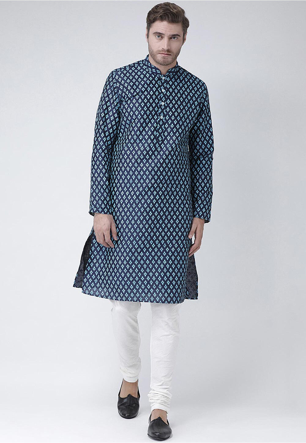 Navy Blue Kurta Pajama Printed Dhupion Silk main image 0