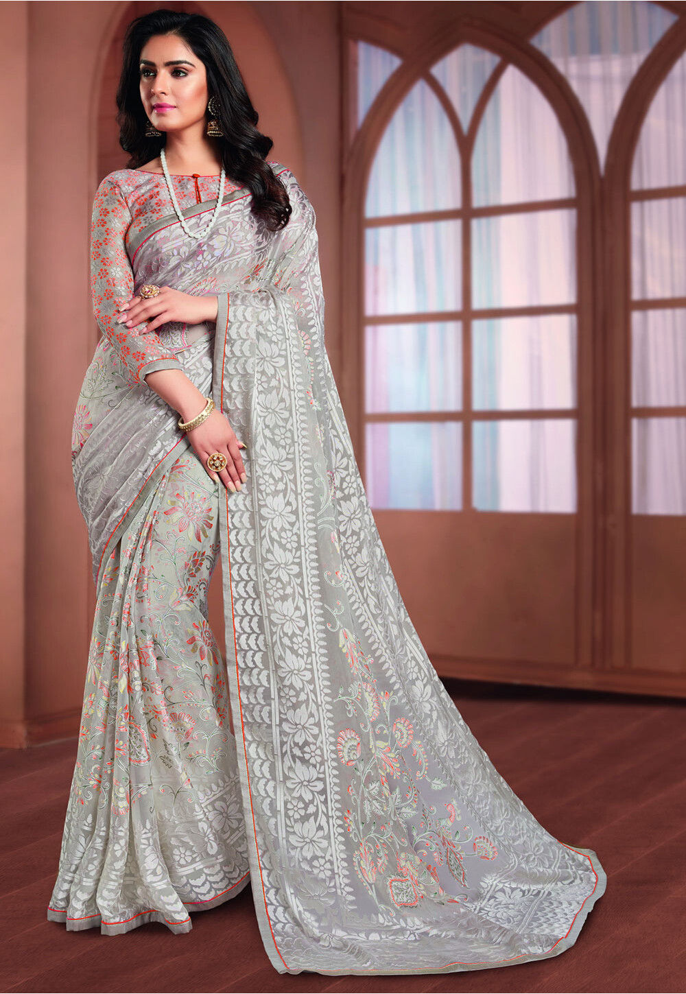 Grey Color Sequined Georgette Party Wear Saree - Rent