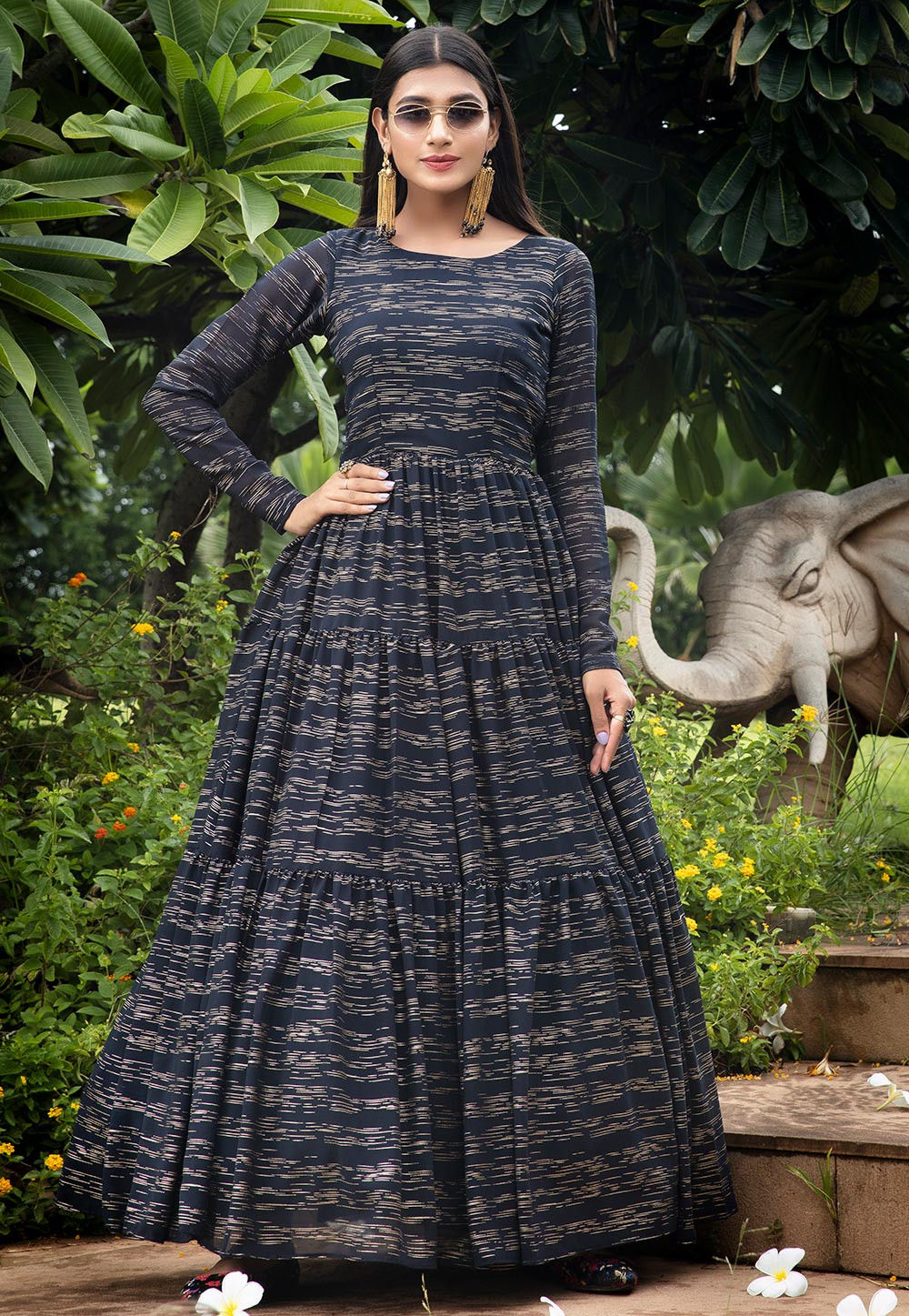 Printed Georgette Tiered Gown in Navy Blue : TBZ10