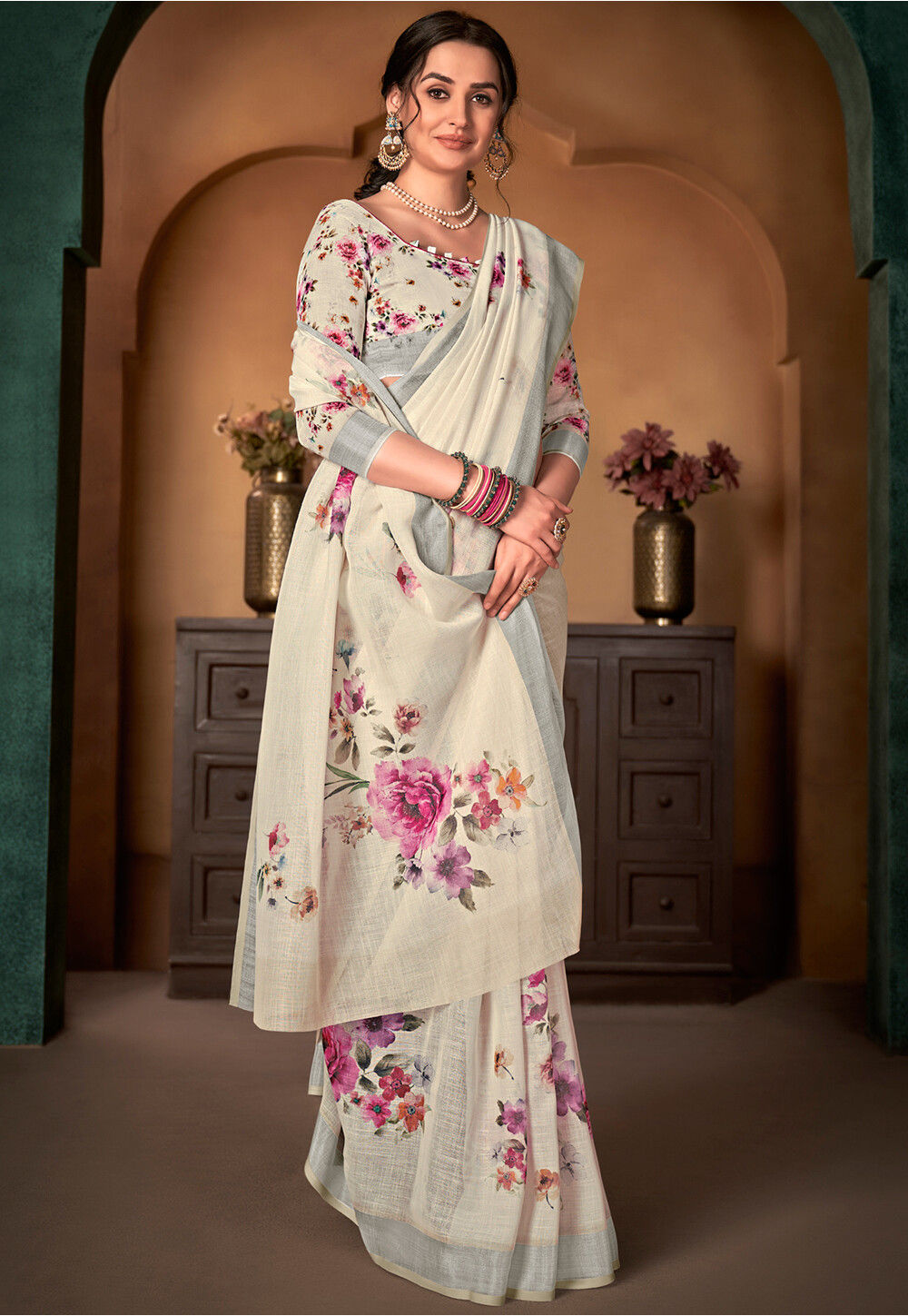 Turquoise printed linen saree with blouse - Shangrila Designer - 3084167