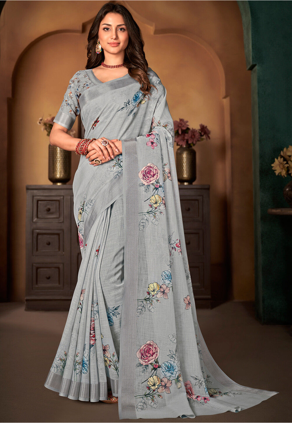Buy Printed Linen Saree in Light Grey Online SEW11596 Utsav Fashion