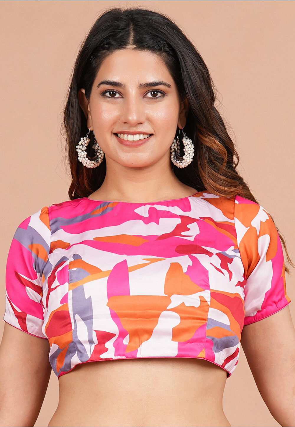 Printed Modal Satin Back Tie Up Blouse in Multicolor DBU995