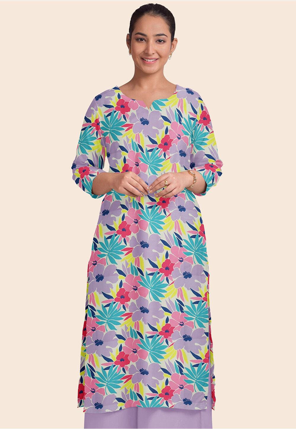 Printed Modal Satin Straight Kurta in Multicolor TJW2276