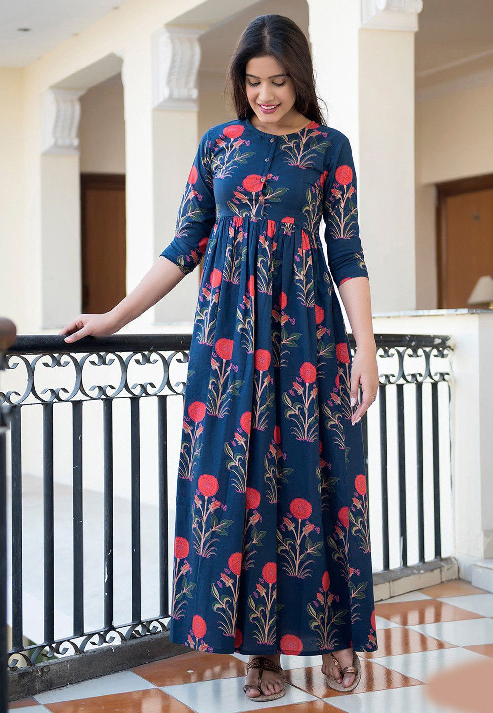 Mehroon Collar Kalamkari Print Cotton Maxi Dress – Kasturi Creations