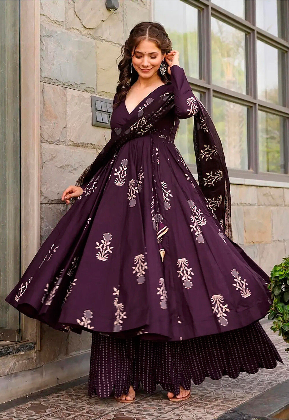 Printed Muslin Cotton Pakistani Suit in Wine