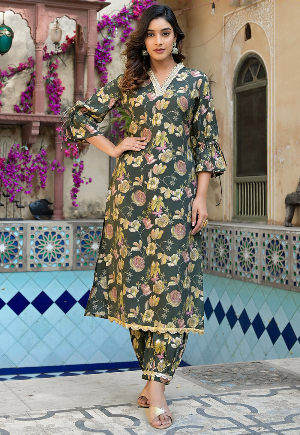 forever 21 emerald green dress Green Pakistani Print Unstitched Cotton Suit Dress Material with Embro –  Stilento main image 0