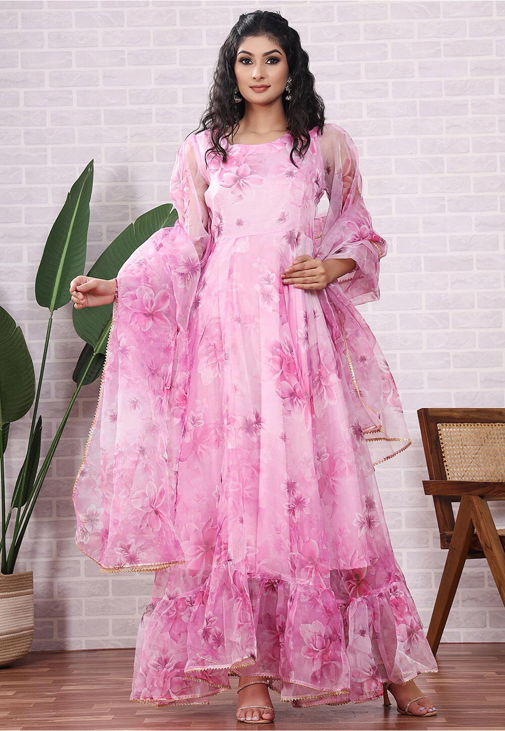 Printed Organza Abaya Style Suit in Pink Salwar Kameez
