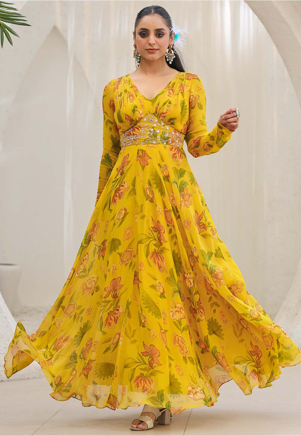 Buy Printed Organza Gown in Yellow Online TKK592 Utsav Fashion