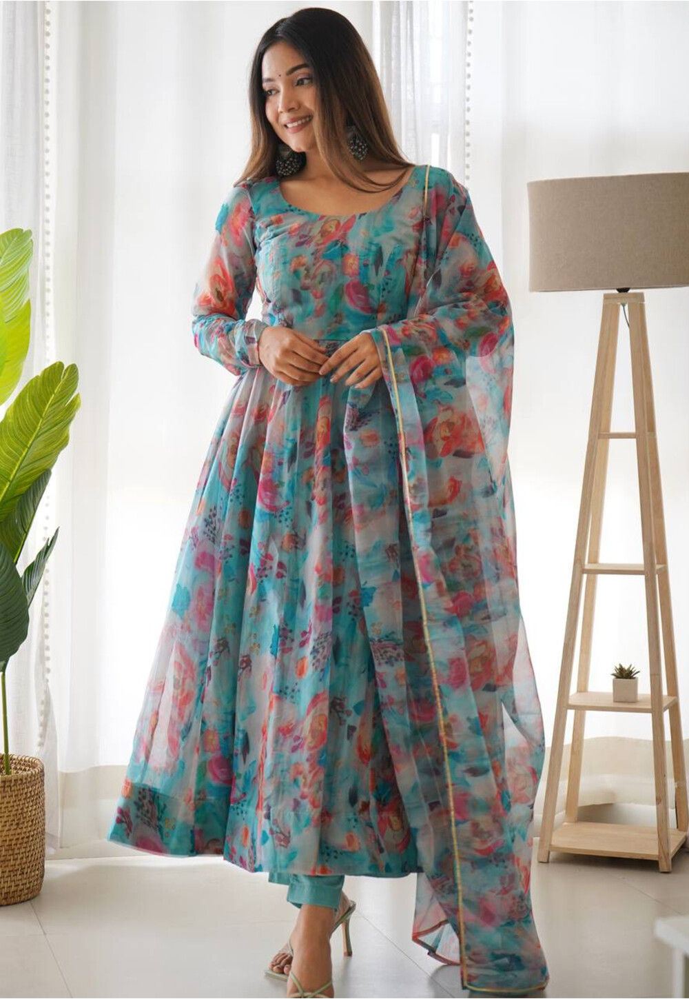 Printed Organza Silk Anarkali Suit in Sky Blue