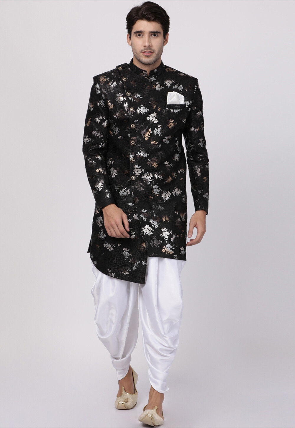 Printed Polyester Asymmetric Dhoti Sherwani in Black : MTR2460