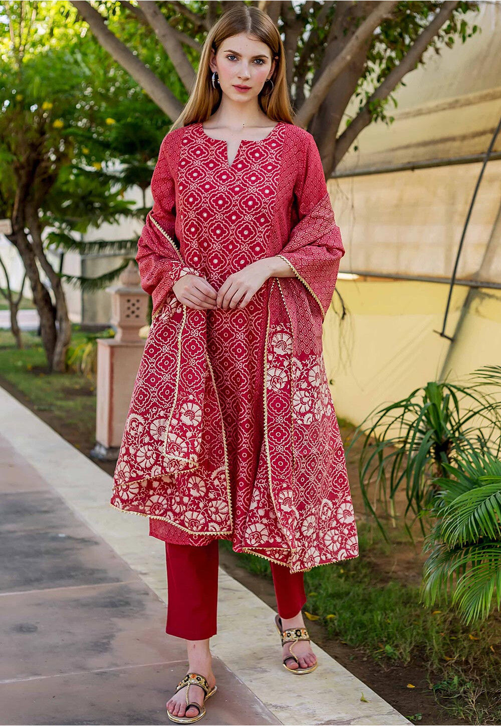 Printed Pure Chanderi Cotton Pakistani Suit in Red Salwar Kameez