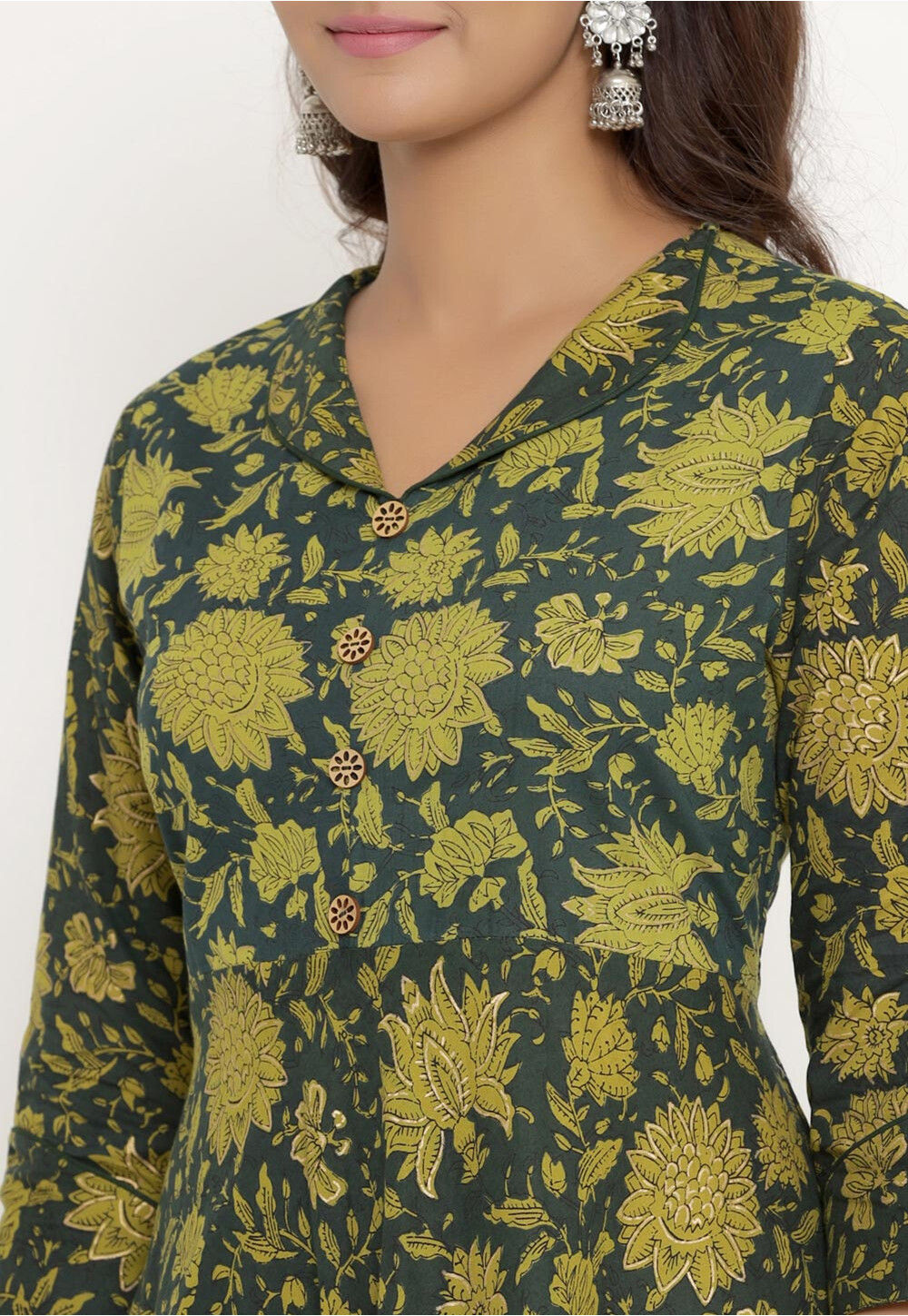 Green 3/4 Sleeve Cotton A-Line Kurta With Front Cut