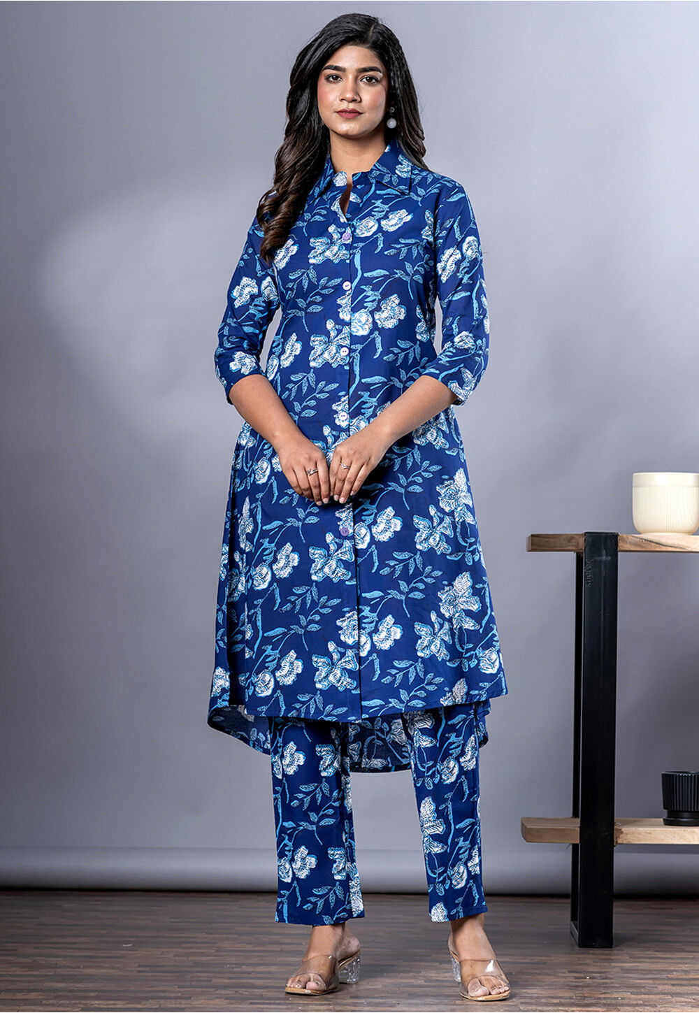 Black Printed Pure Cotton A-Line Kurta Trouser Set main image 0